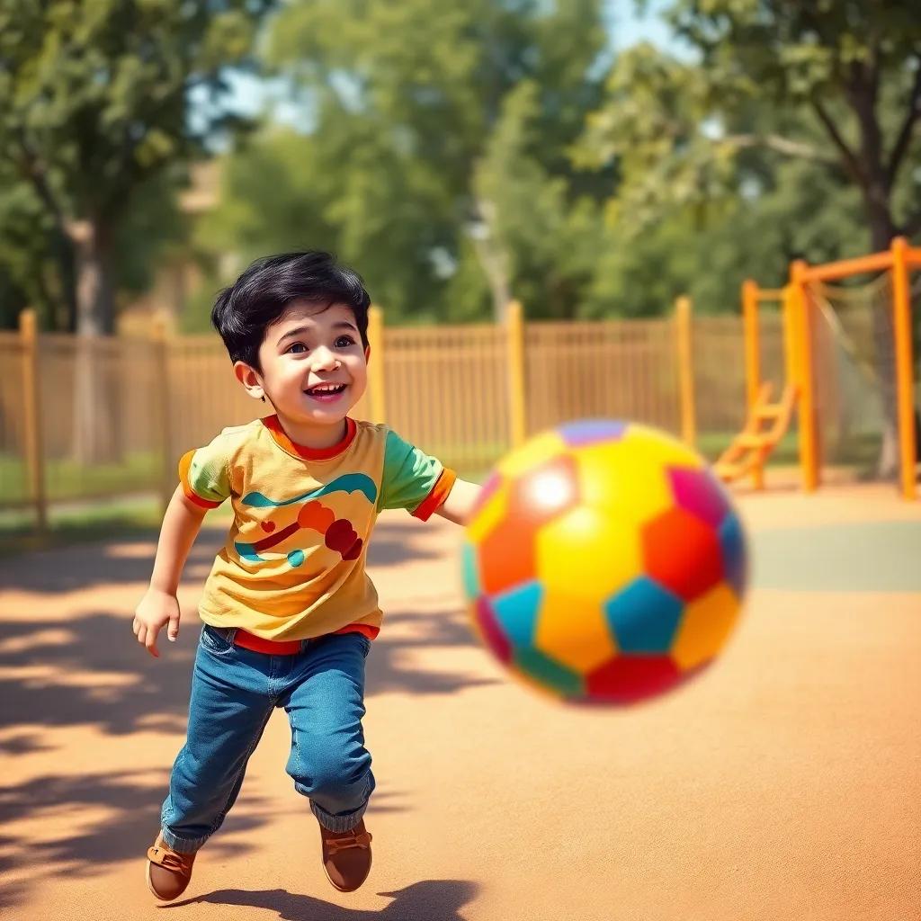 A cheerful boy named Nasser, with short black hair, wearing a colorful t-shirt and jeans, happily running towards a shiny new ball in a sunny playground, lively and colorful, friendly atmosphere, high quality