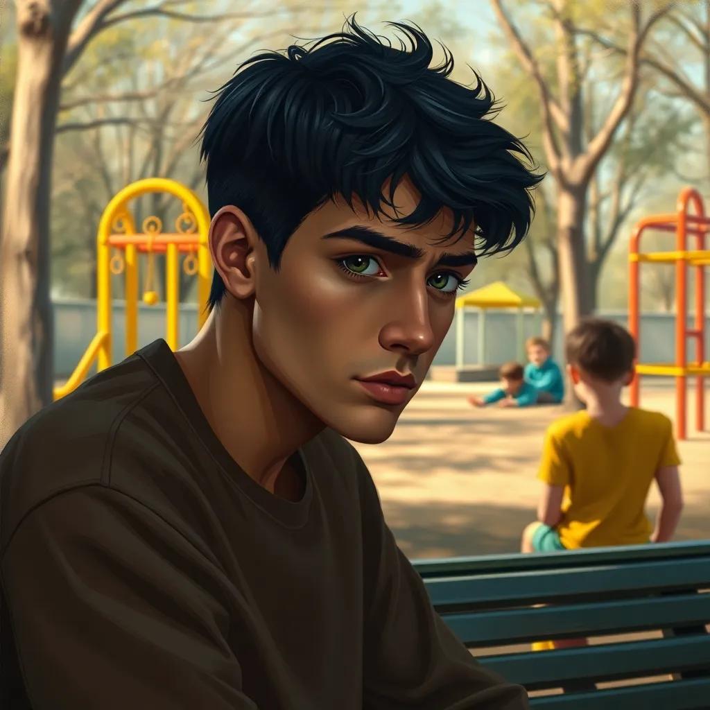 Nasser, with short black hair, looking thoughtful and sad, sitting on a bench with playground equipment in the background, with his friends sitting some distance away, bright and warm lighting, storytelling view, engaging scene