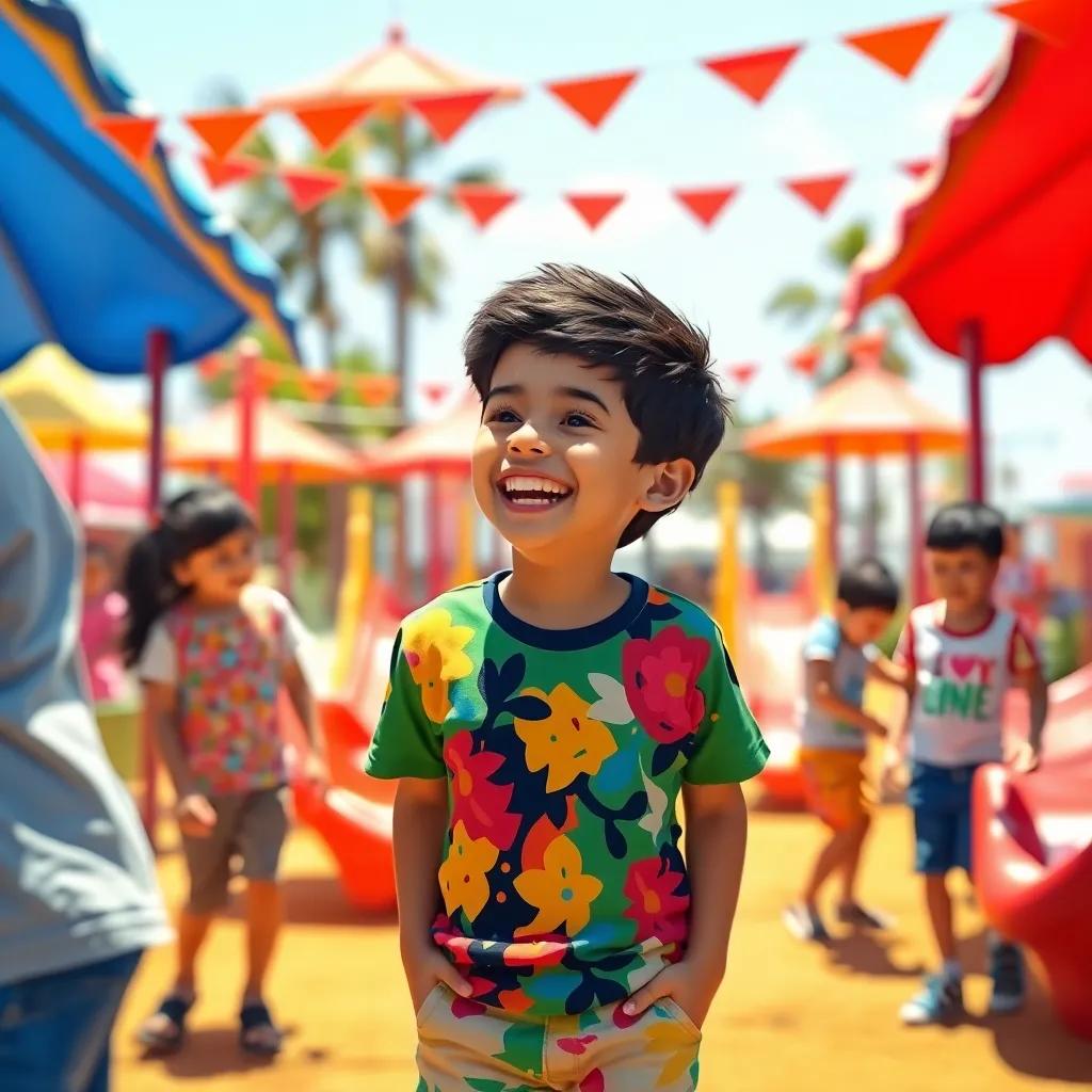 A young Arab boy, Nasser, with short dark hair, wearing a colorful t-shirt and shorts, laughing with friends in a vibrant playground, enjoying the sunny day, digital art, cheerful atmosphere, bright colors, high quality