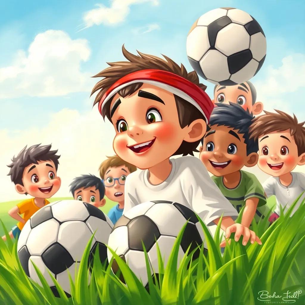 Nasser, a young Arab boy, looking at a soccer ball with excitement, surrounded by friends, with playful expressions, lush green grass under the blue sky, illustration, lively, cheerful, child-friendly, high quality