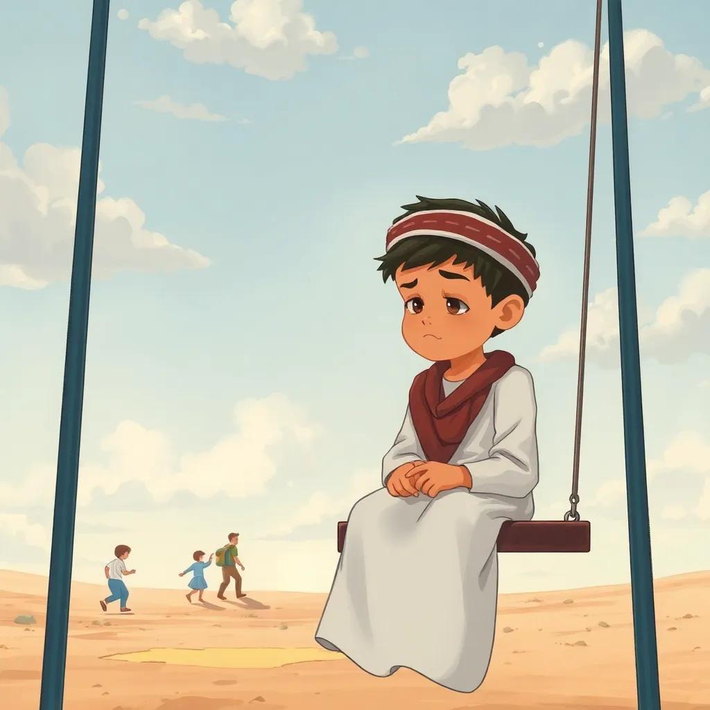 A sad Nasser, a young Arab boy, sitting alone on the playground swing, looking down with a frown, with distant friends playing, soft clouds in the sky, illustration, sincere mood, warm light, high quality