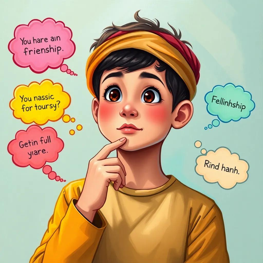Nasser, a young Arab boy, thinking with his hand on his chin, colorful thought bubbles around him about friendship, vibrant colors, child-friendly theme, digital art, bright and optimistic, high quality