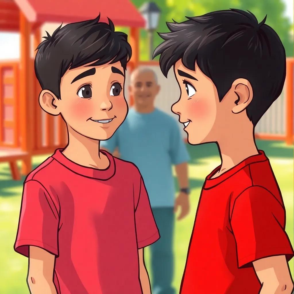 Nasser approaching Khaled, a young Arab boy with short dark hair, wearing a red t-shirt, showing an apologetic expression, bright playground background, gentle smile, friendly atmosphere, illustration, heartfelt moment, high quality