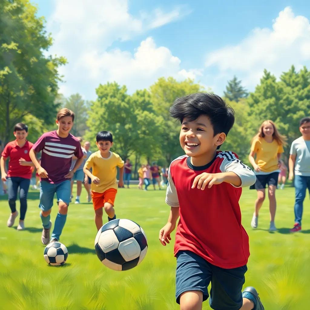 Nasser, a young Arab boy, playing soccer joyfully with friends in the park, everyone laughing with bright smiles, sunny day, colorful playground, lively scene, happy atmosphere, digital art, high quality