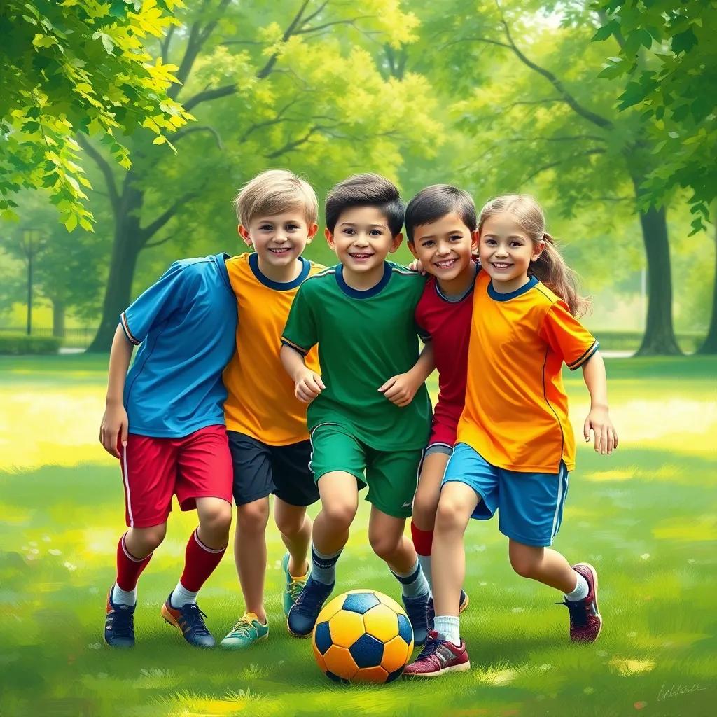 Friends smiling as they play soccer together in the park, colorful jerseys on each child, with lush greenery around, harmony and teamwork, digital art, vibrant and engaging, high quality
