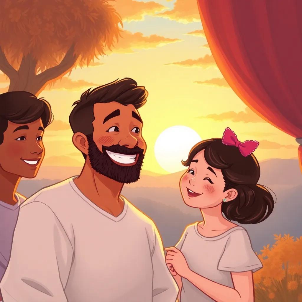 Nasser smiling and thinking of good memories with friends, warm sunset in the background, feeling accomplished, surrounded by happiness, child-friendly theme, illustration, heartwarming moment, high quality