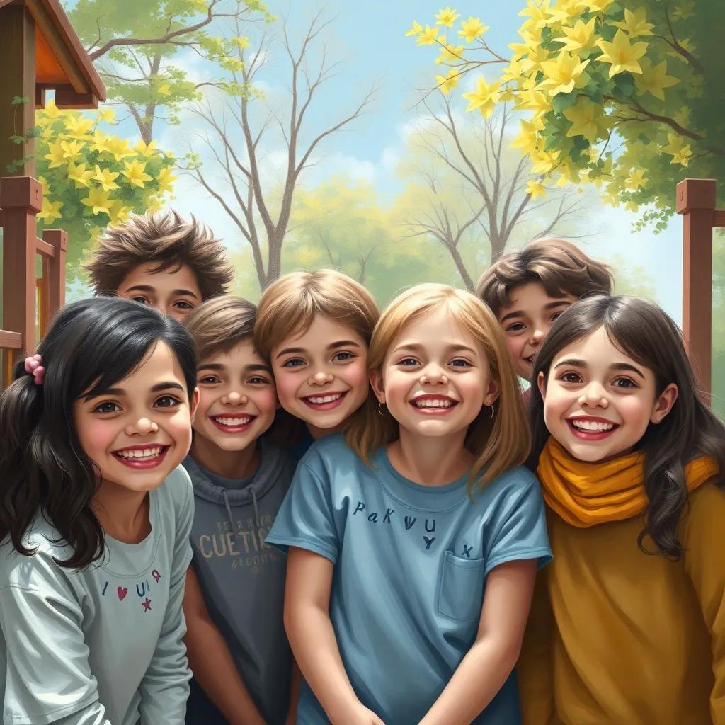 A happy group of friends together in the playground, charming smiles showcasing the lessons they learned, colorful surroundings, warmth in their friendship, digital art, high quality