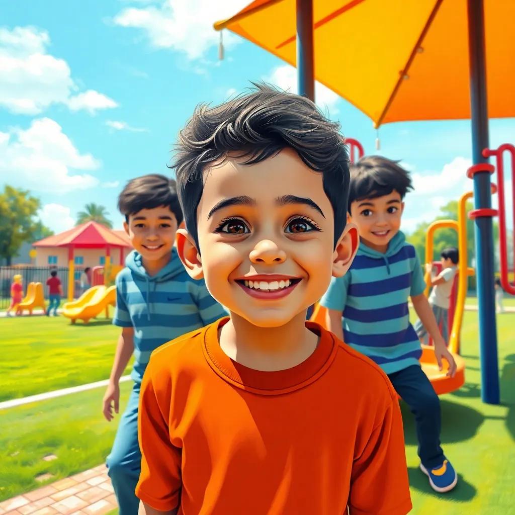 A cheerful playground scene with a young Arab boy, Nasser, playing with his friends, colorful playground equipment, sunny day, joyful atmosphere, digital art, bright colors, friendly environment, captivating