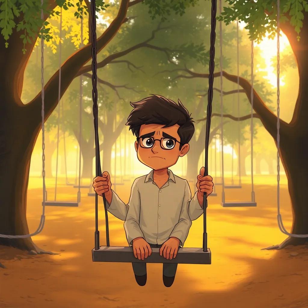 Nasser looks disappointed, sitting alone on a swing, a sad expression on his face, surrounded by empty swings, soft sunlight filtering through trees, warm light, peaceful scene, digital illustration, emotional impact