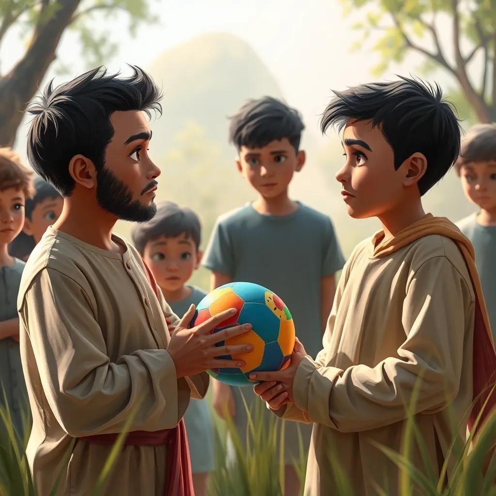 Nasser talking to his friend Khalid, who has a frown, holding a colorful ball, other kids watching them thoughtfully, serious discussion, natural setting, harmonious light, engaging interaction, storytelling view, digital art
