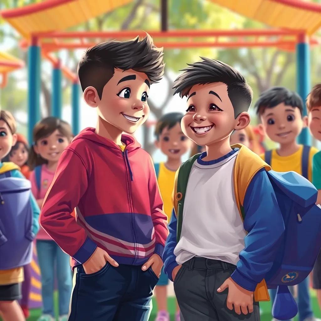 Nasser apologizing to Khalid with a sincere expression, both kids standing in the bright playground surrounded by their smiling friends, colorful environment, cheerful mood, highlighting friendship, vibrant colors, joyful scene, digital painting
