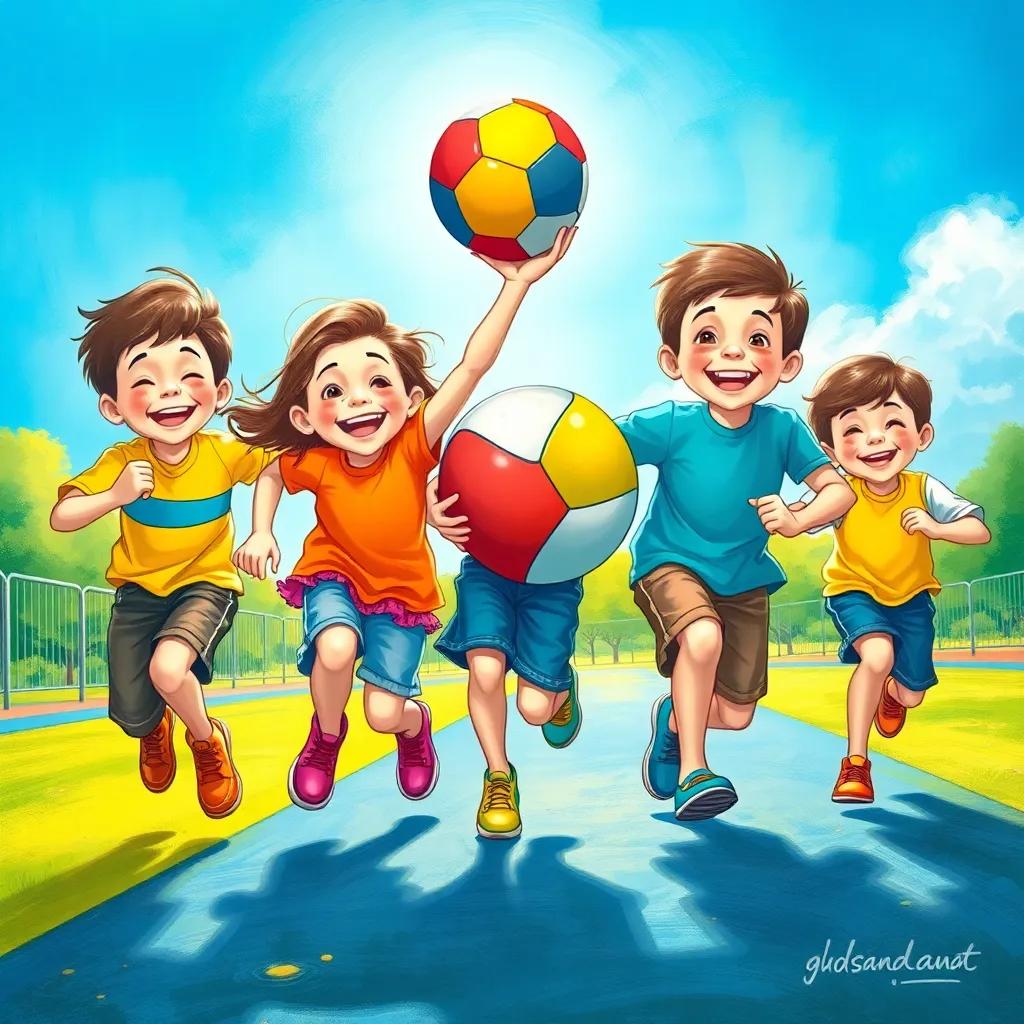 Happy kids playing together, including Nasser, on the playground, running with a colorful ball, expressions of joy, bright blue sky, lovely scenery, capturing the essence of friendship, colorful illustration, positive vibes, vibrant