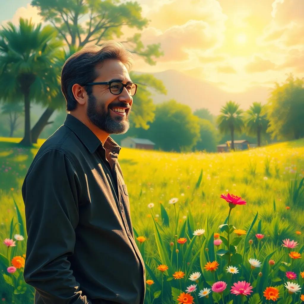 Nasser smiling, reflecting on his lesson, standing on a grassy area with bright flowers, friendly and inviting atmosphere, soft sunlight, colorful landscape, dreamy art, hopeful