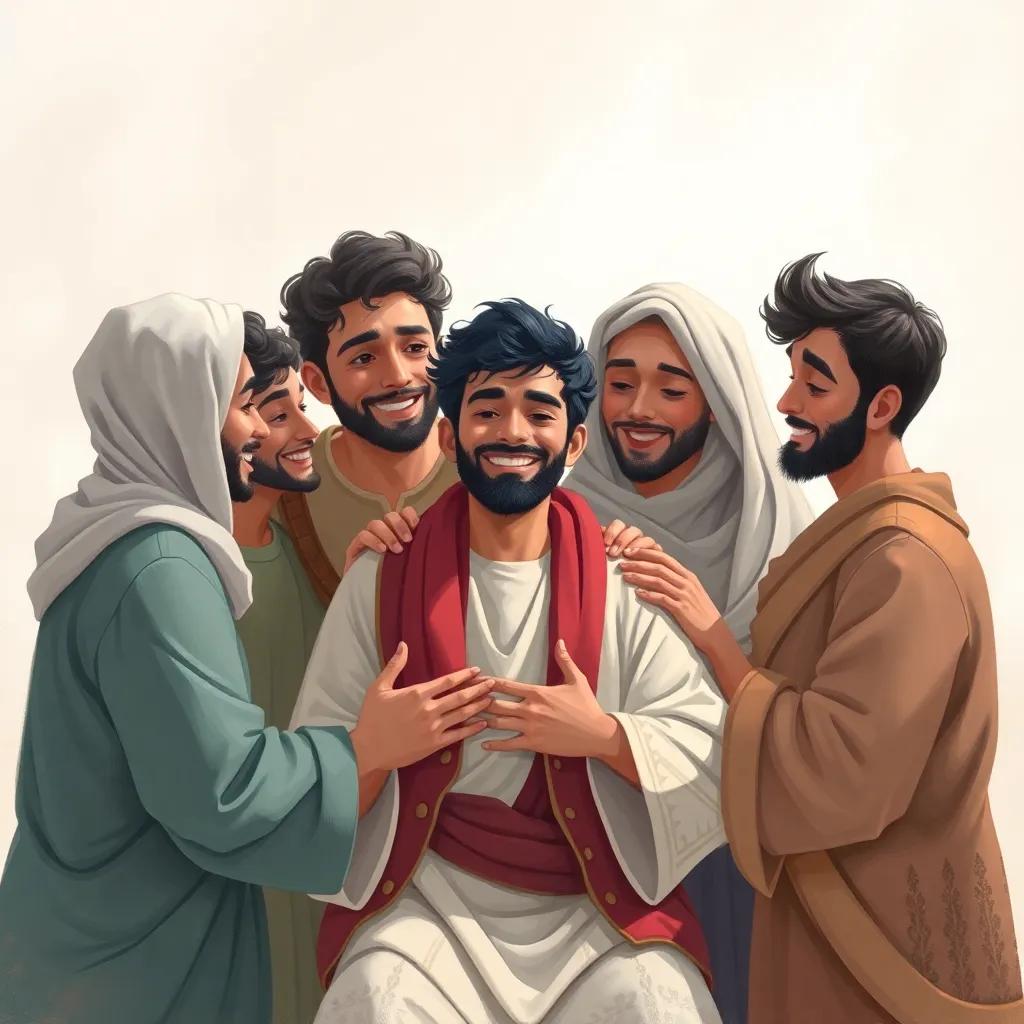 Nasser's caring friends around him, encouraging him with smiles, light-hearted atmosphere, soft and warm colors, conveying encouragement and support, friendly and heartwarming scene, digital illustration