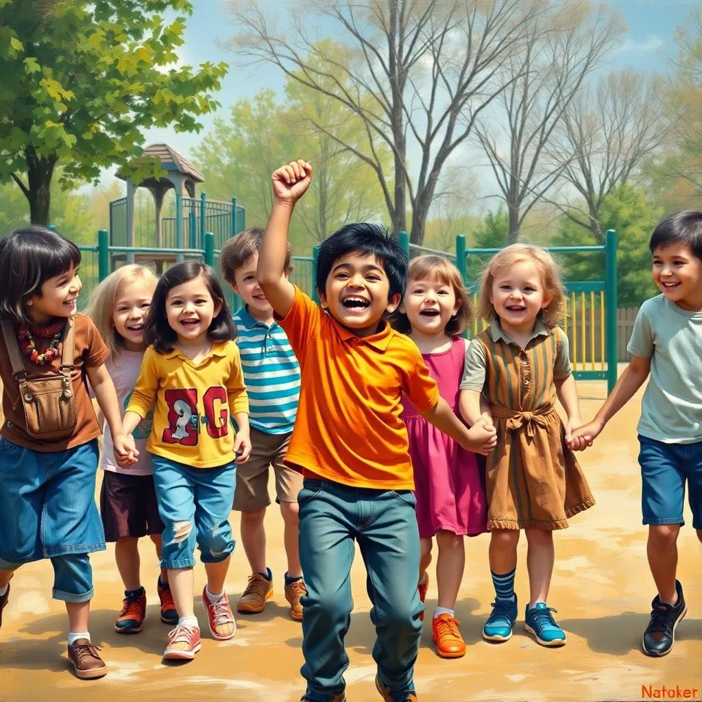Nasser holding hands with his friends, all laughing and playing in the playground, diverse group of kids, capturing joy and teamwork, bright colors, child-friendly