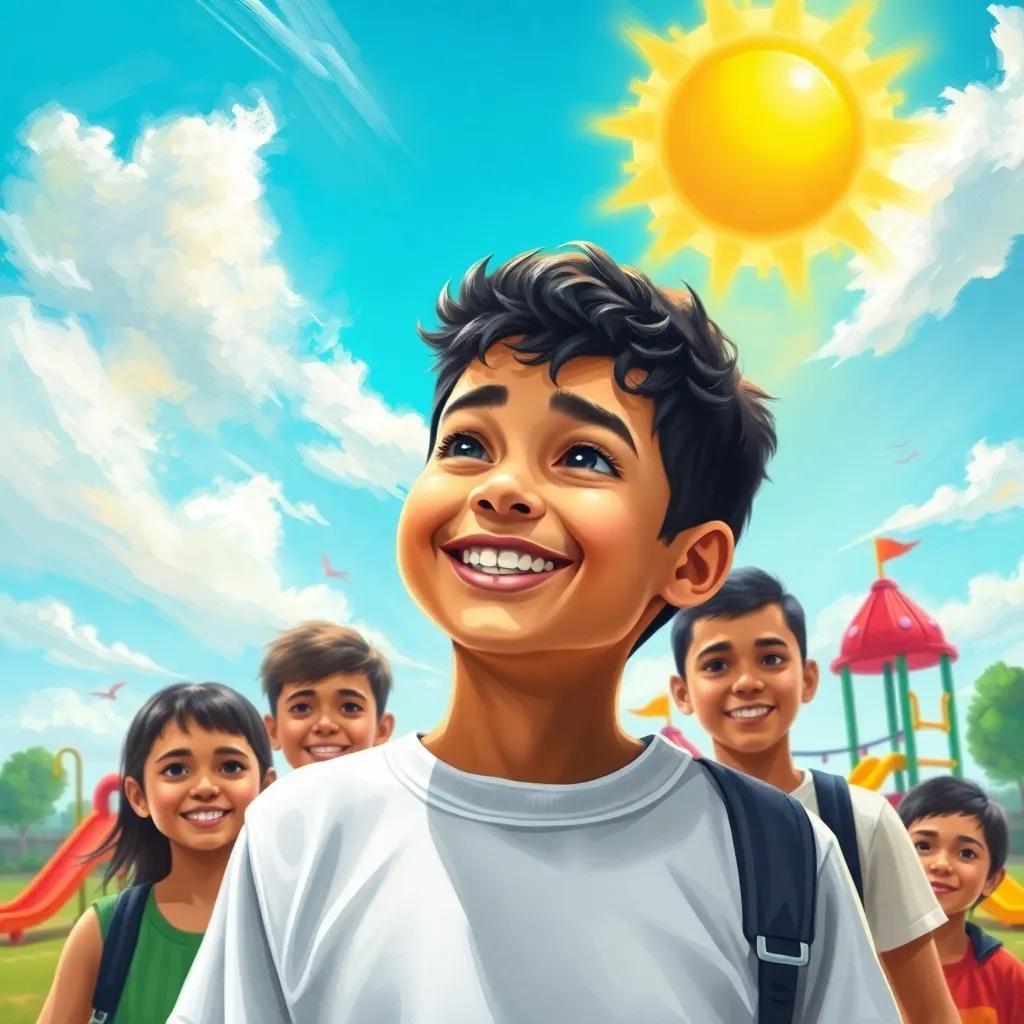 Nasser looking proud and happy, surrounded by his friends under a sunny sky, colorful playground in the background, visualizing friendship and growth, bright and engaging, digital art, positive and vibrant