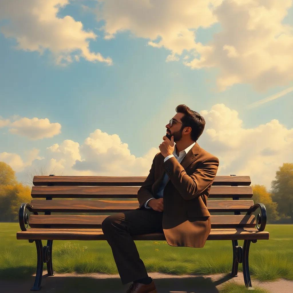 Nasser thinking thoughtfully on a park bench, reflecting on his self-improvement journey, bright sky above, calming scenery, conveying introspection and growth, warm colors, beautiful landscape