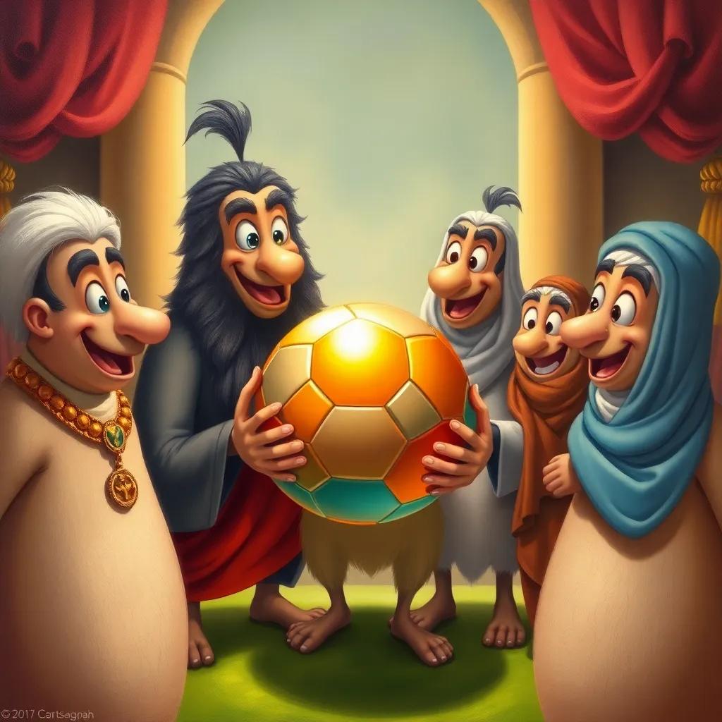 Nasser with his friends, showing a shiny new ball, everyone looking happy, inviting scene, cartoon style, bright and friendly