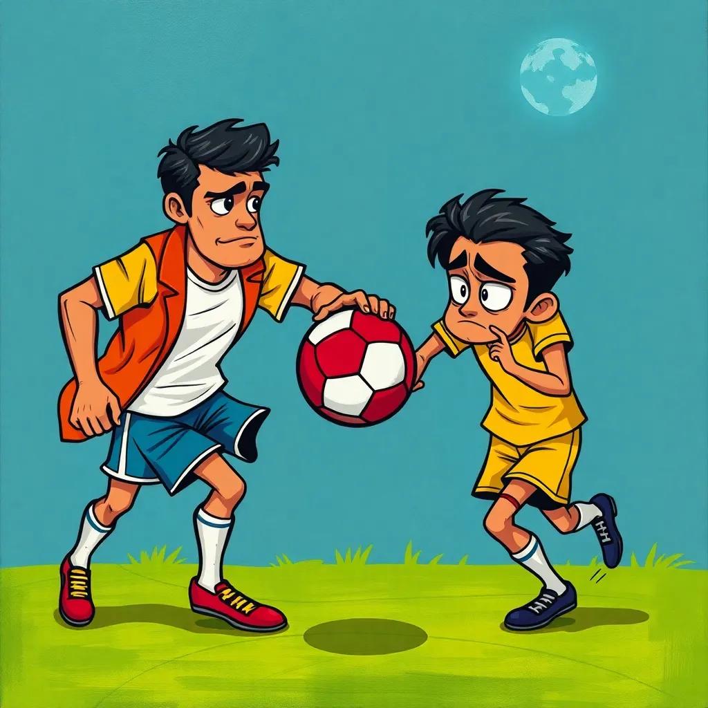 Nasser taking the ball without asking, looking determined, while his friend Khaled looks sad, adding a little drama, cartoon style, bright colors