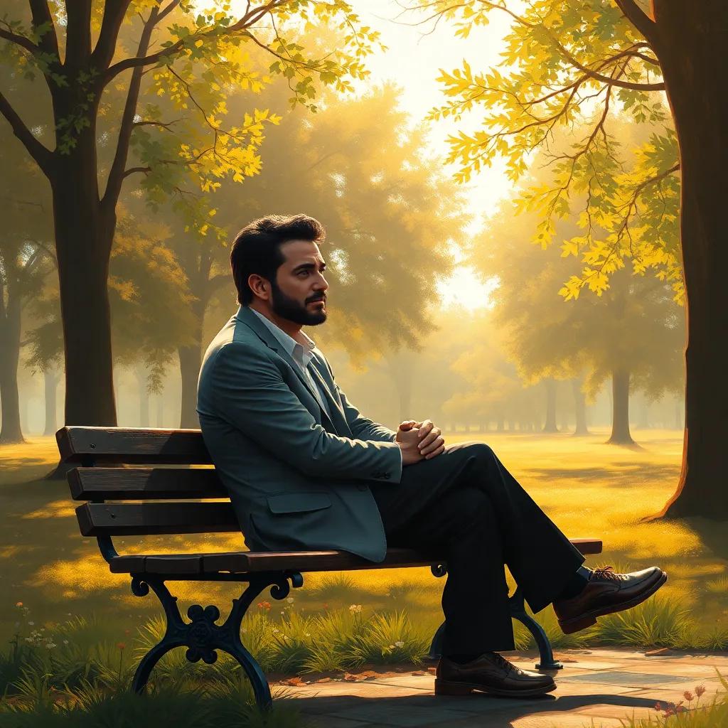 Nasser sitting alone on a bench, feeling sad and thinking, with a thoughtful expression, surrounded by trees, warm sunlight, digital art