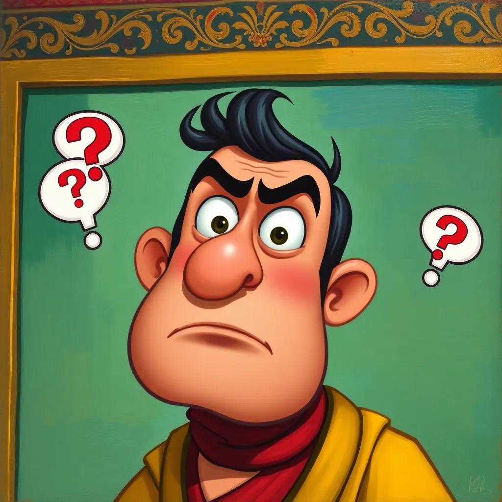 Nasser asking himself questions, looking determined with a furrowed brow, animated style, bright colors, child-friendly