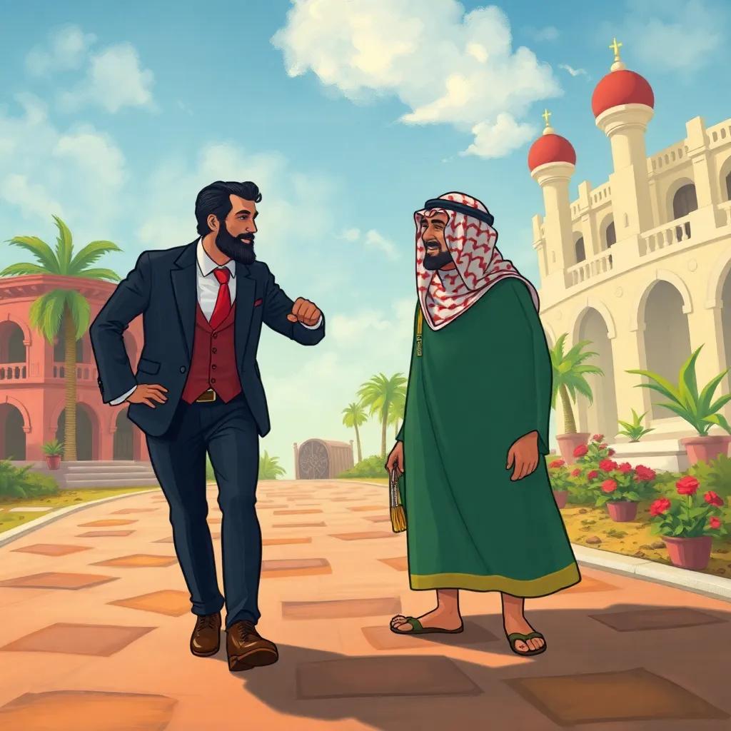 Nasser confidently walking towards Khaled to apologize, demonstrating courage, colorful scenery, joyful atmosphere, cartoon style