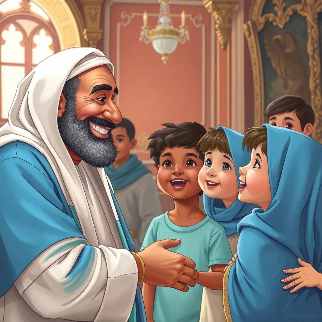 Khaled smiling and nodding, accepting the apology, nearby children looking pleased, friendly atmosphere, bright and cheerful, animated style