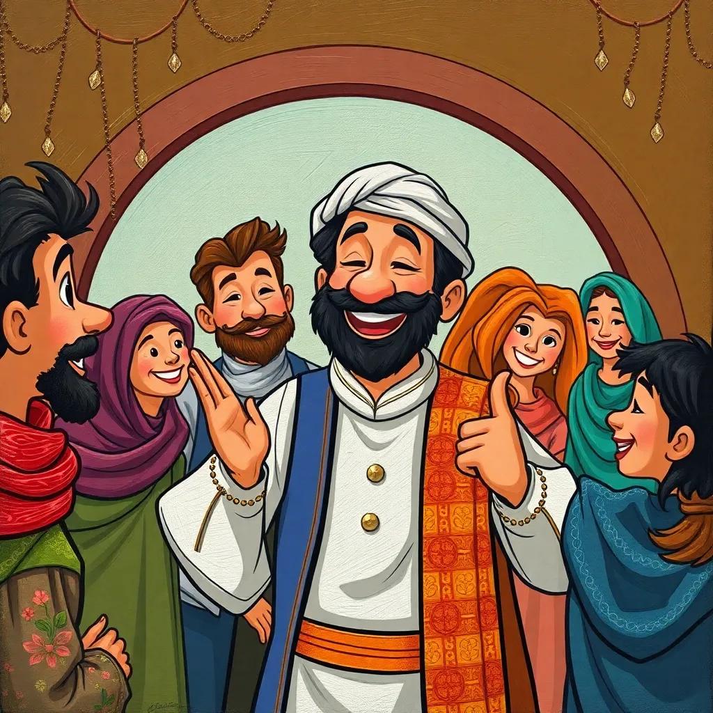 Nasser returning to his friends, looking cheerful and explaining his lesson, happy faces in the background, vibrant colors, cartoon style