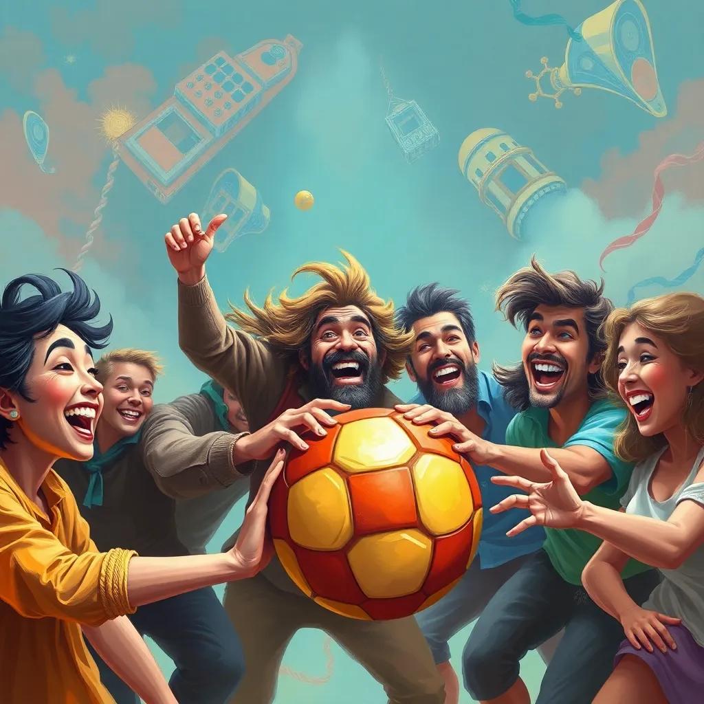 Nasser and friends playing happily together with the ball, everyone smiling, vivid colors, exciting atmosphere, digital art
