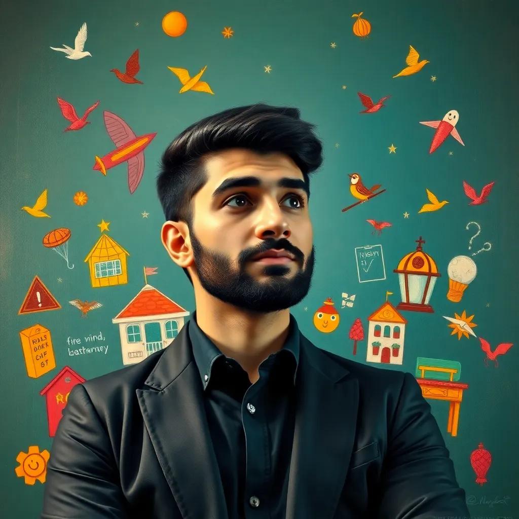 Nasser reflecting on his learning journey, surrounded by colorful icons representing self-assessment, bright and inspiring, whimsical style