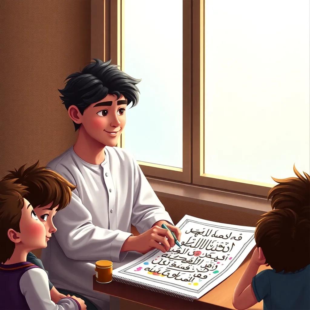 A young talented calligrapher, Ali, with dark hair, wearing a simple white thobe, sitting by a window with beautiful Arabic letters on the paper, colorful inks around him, children watching him in awe, digital art, warm light, cheerful atmosphere, high quality