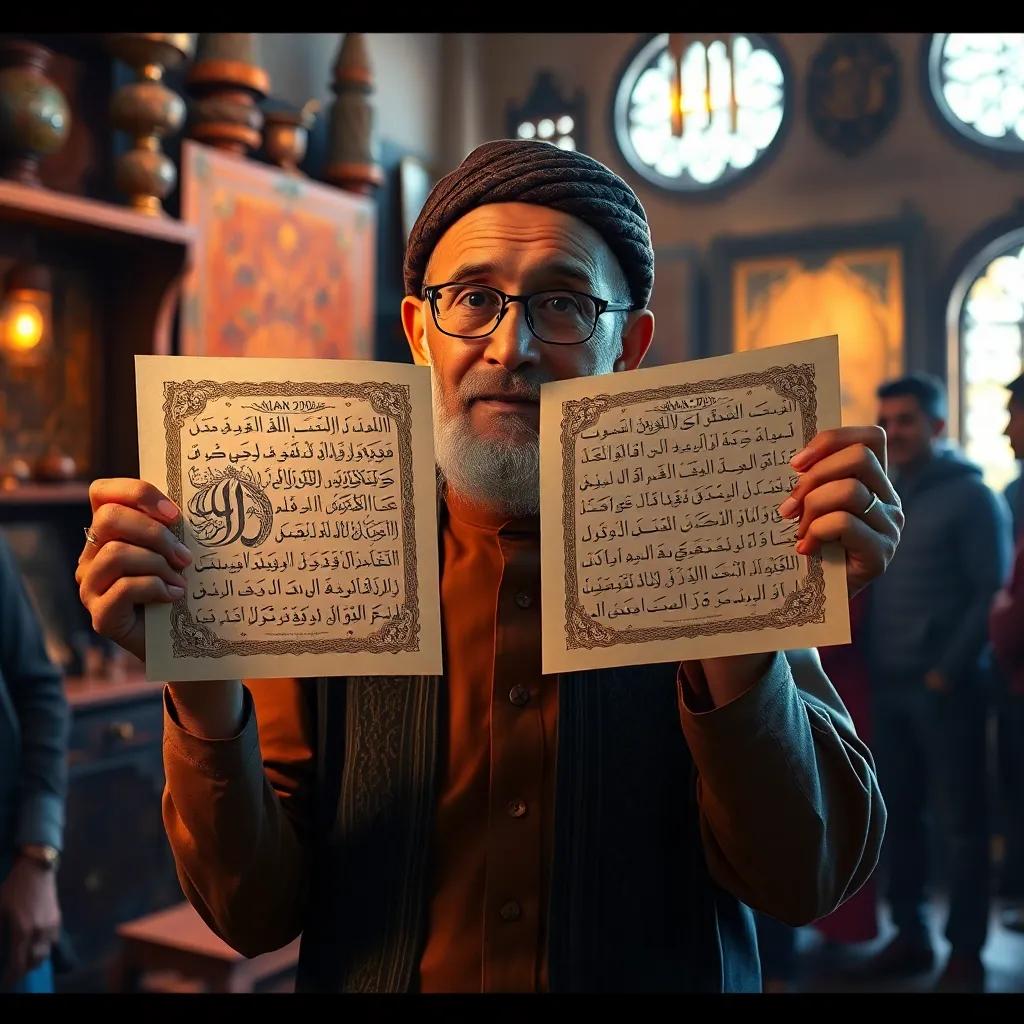 An older calligrapher, Ali, now famous, presenting a beautifully written verse from the Quran in his studio, warm light illuminating the intricate designs, surrounded by admiring people, rich colors, inviting atmosphere, storytelling view, high quality