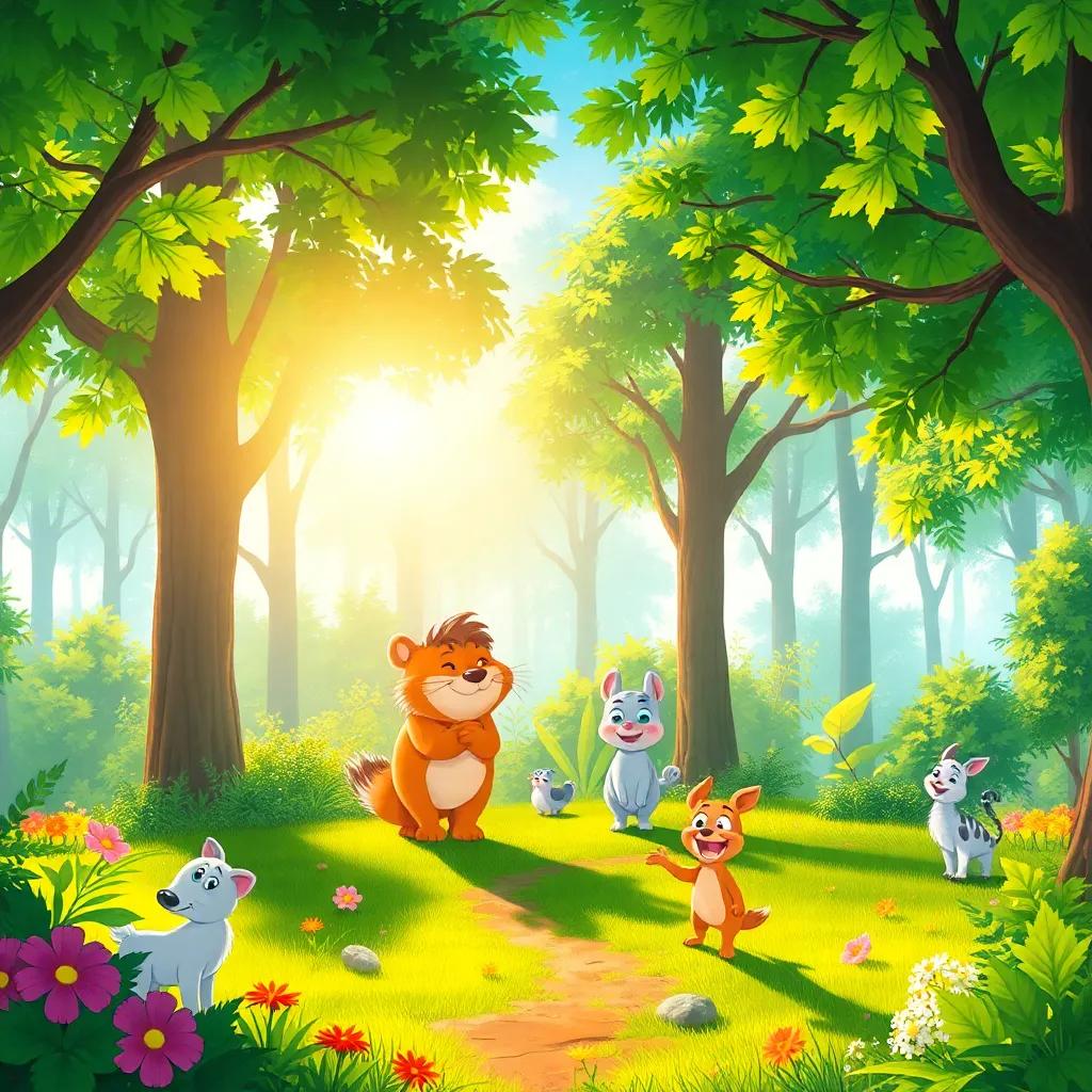 A beautiful morning in the forest with sunlight filtering through the trees, happy animals enjoying the day, vibrant colors, happy atmosphere, digital illustration, cheerful vibe, high quality