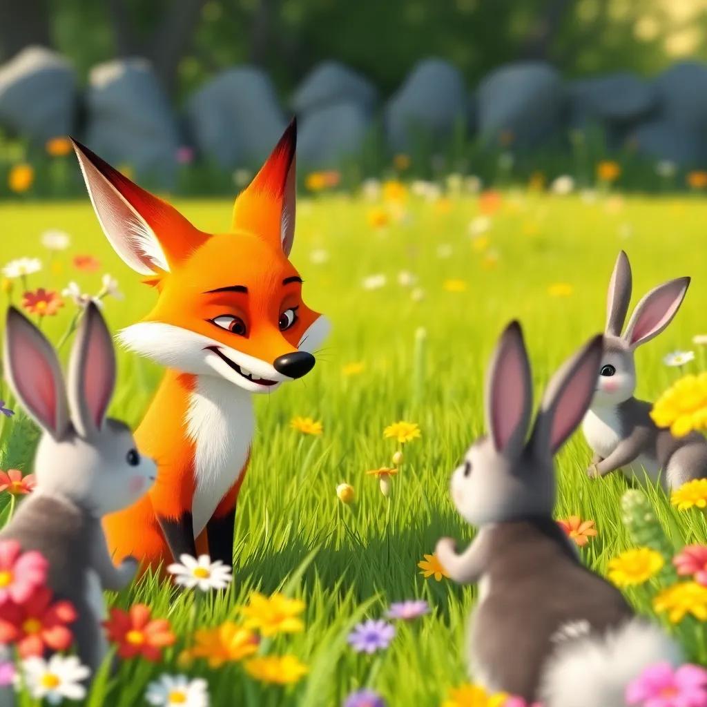 A sly fox with bright orange fur, approaching a group of rabbits in a sunny meadow, smiling deceitfully, colorful flowers around, inviting environment, illustration, engaging