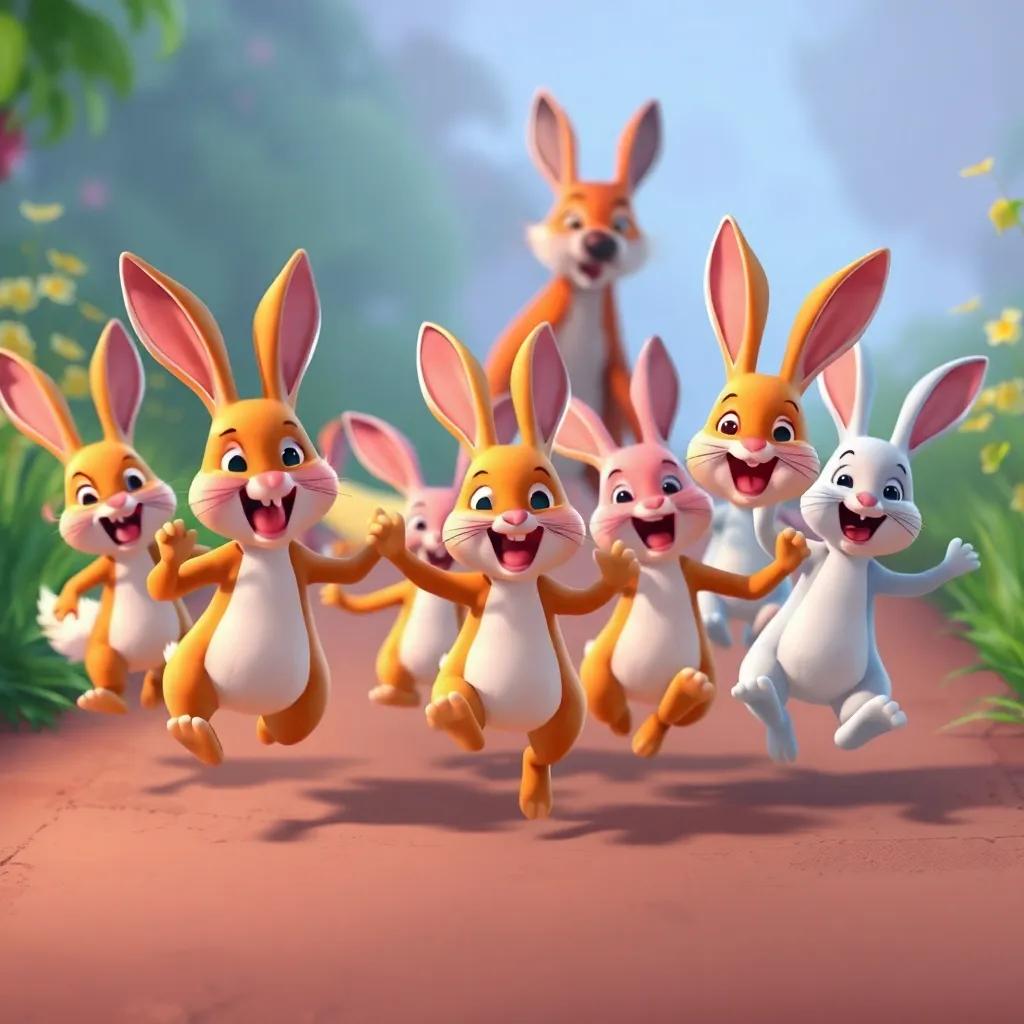 A group of excited rabbits hopping with joy, following the fox, unaware of the trap, colorful and lively, cheerful atmosphere, warm colors, child-friendly