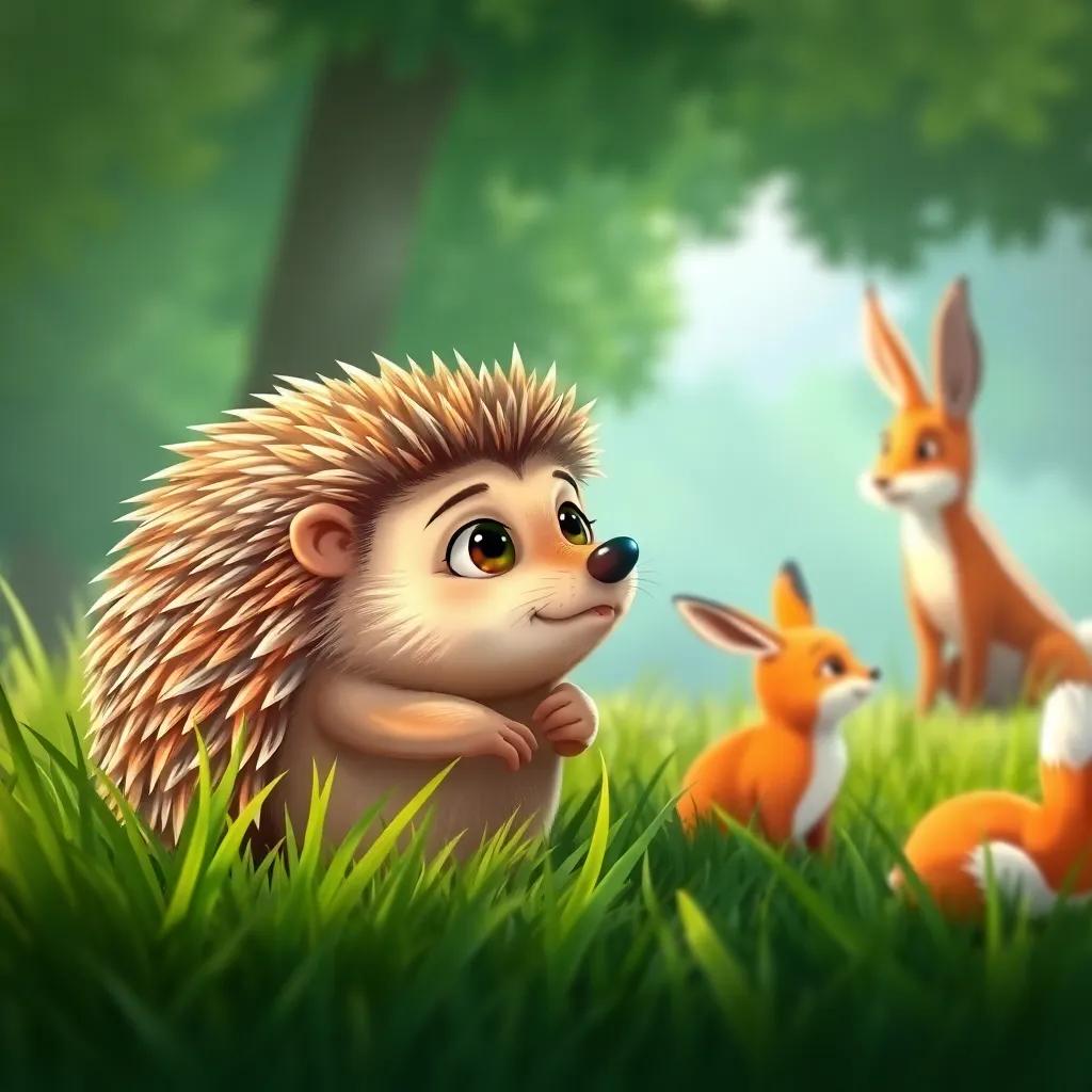 A wise hedgehog watching from a distance, with a concerned expression, observing the rabbits and fox, lush green grass around, detailed and vibrant illustration, child-friendly