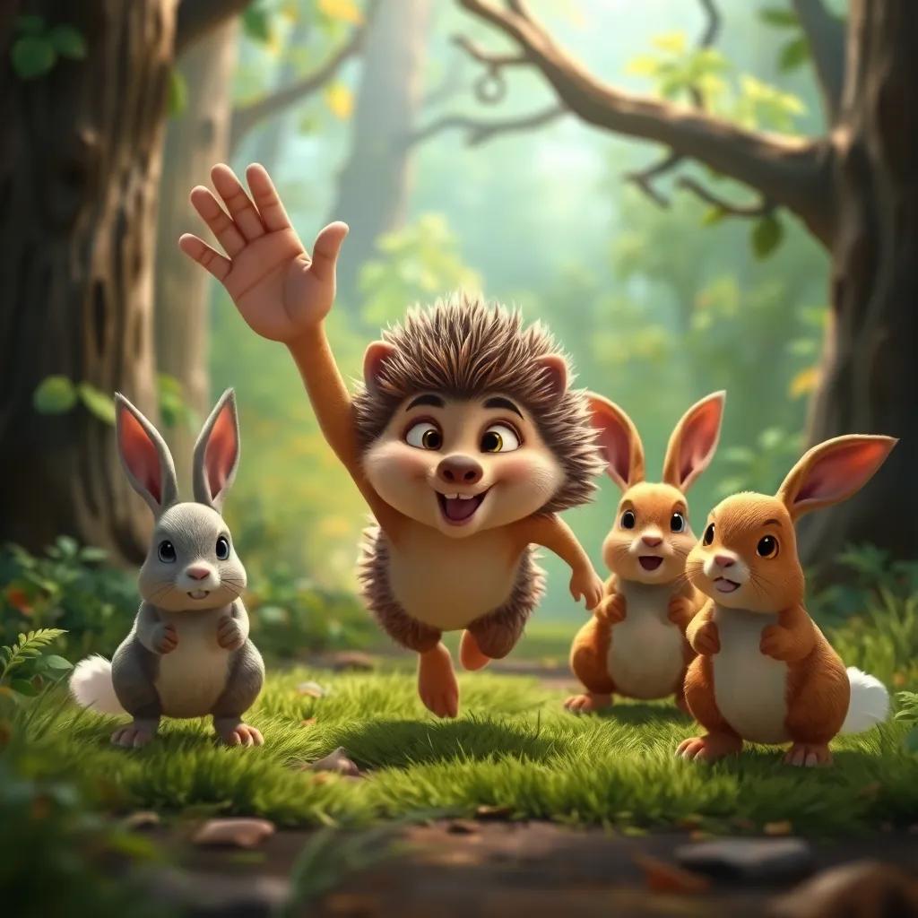 The hedgehog running quickly towards the rabbits, raising his hand as if warning them, urgency in the scene, colorful forest setting, emotional and engaging art