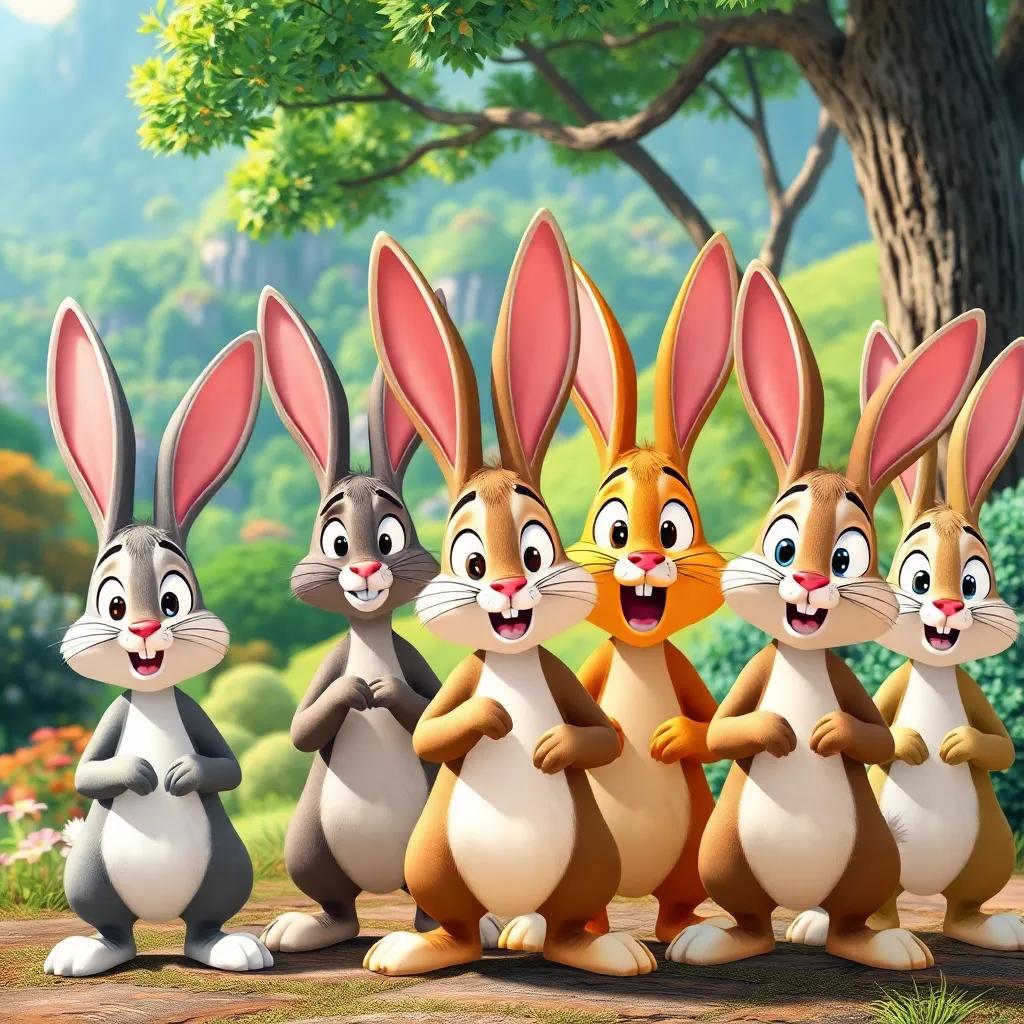 A group of rabbits stopping abruptly, looking surprised and shocked, with varying expressions, colorful landscape of the forest, picturesque view, cheerful