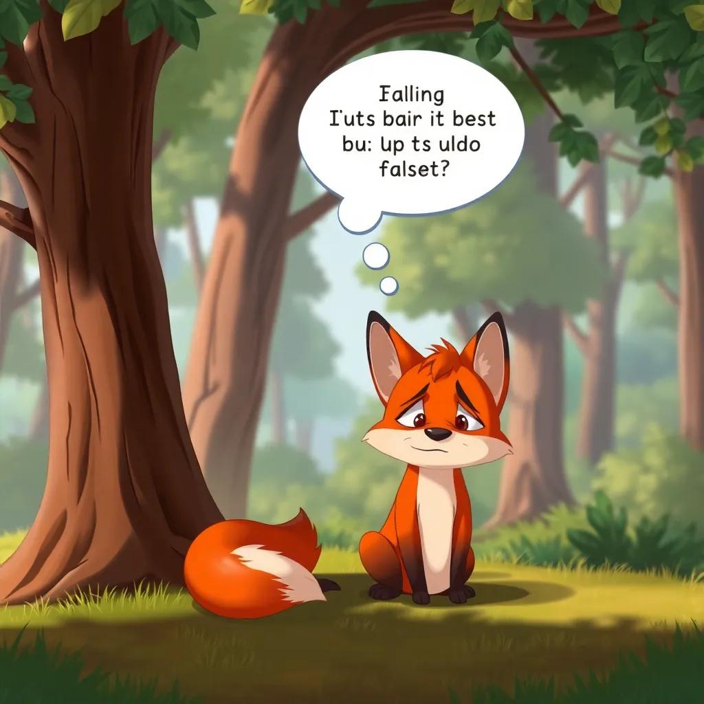 A frustrated fox sitting under a tree, looking sad and defeated, with a thought bubble showing his plans failing, a beautiful forest background, rich colors, child-friendly