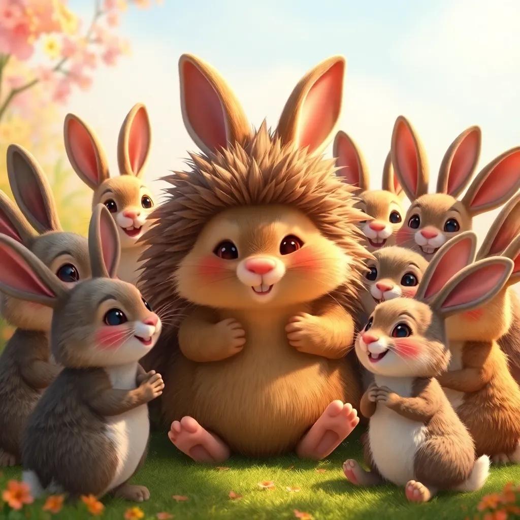 A group of grateful rabbits surrounding the wise hedgehog, smiling and thanking him, with a friendly atmosphere and colorful environment, uplifting vibe, detailed art