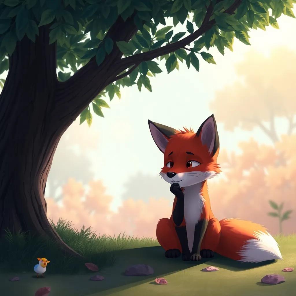 The sad fox thinking under a tree, looking pensive and alone, surrounded by colorful nature, soft light, emotional yet hopeful atmosphere, thoughtful scene