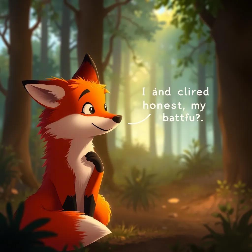 The fox contemplating about honesty and friendships, a reflective moment, warm light shining through the trees, beautiful colors in the forest, engaging illustration.