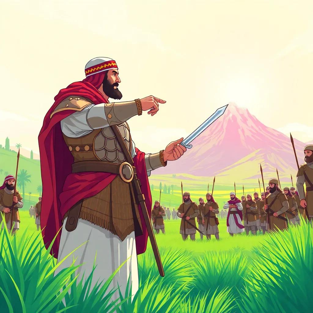 Khalid Ibn Al-Walid, wearing traditional armor and holding a sword, pointing towards a mountain as he explains his strategy to enthusiastic Muslim soldiers, surrounded by a green landscape, bright sunshine, illustration, focused perspective, engaging scene
