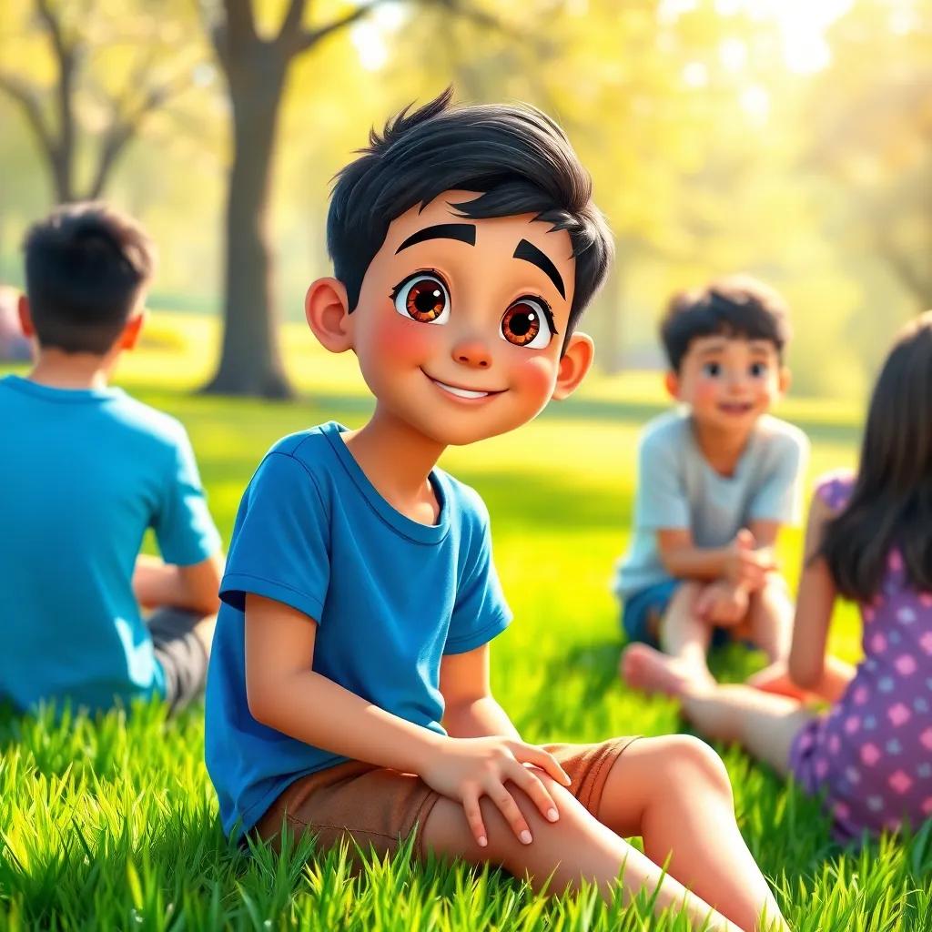 A young boy, Said, with short black hair and bright eyes, wearing a blue T-shirt and brown shorts, sitting in a sunny park with friends, vibrant green grass, cheerful atmosphere, digital art, high quality