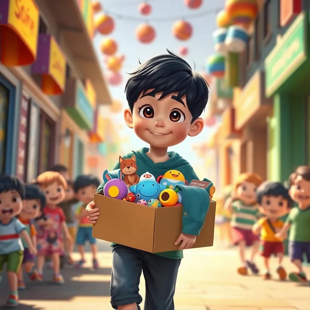 Said, a young boy with short black hair and bright eyes, holding a box full of toys and clothes, walking down a colorful street with cheerful kids around him, warm sunlight, lively scene, digital painting, inviting, heartwarming