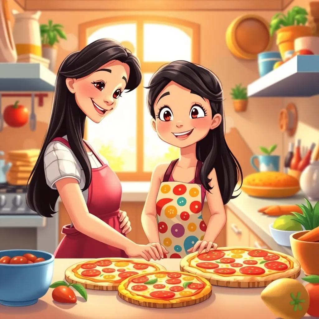 A cheerful young girl, Amal, with long dark hair, wearing a colorful apron, helping her grandmother in a bright kitchen filled with pizza ingredients, illustration, vibrant and friendly, warm colors, cozy atmosphere, detailed