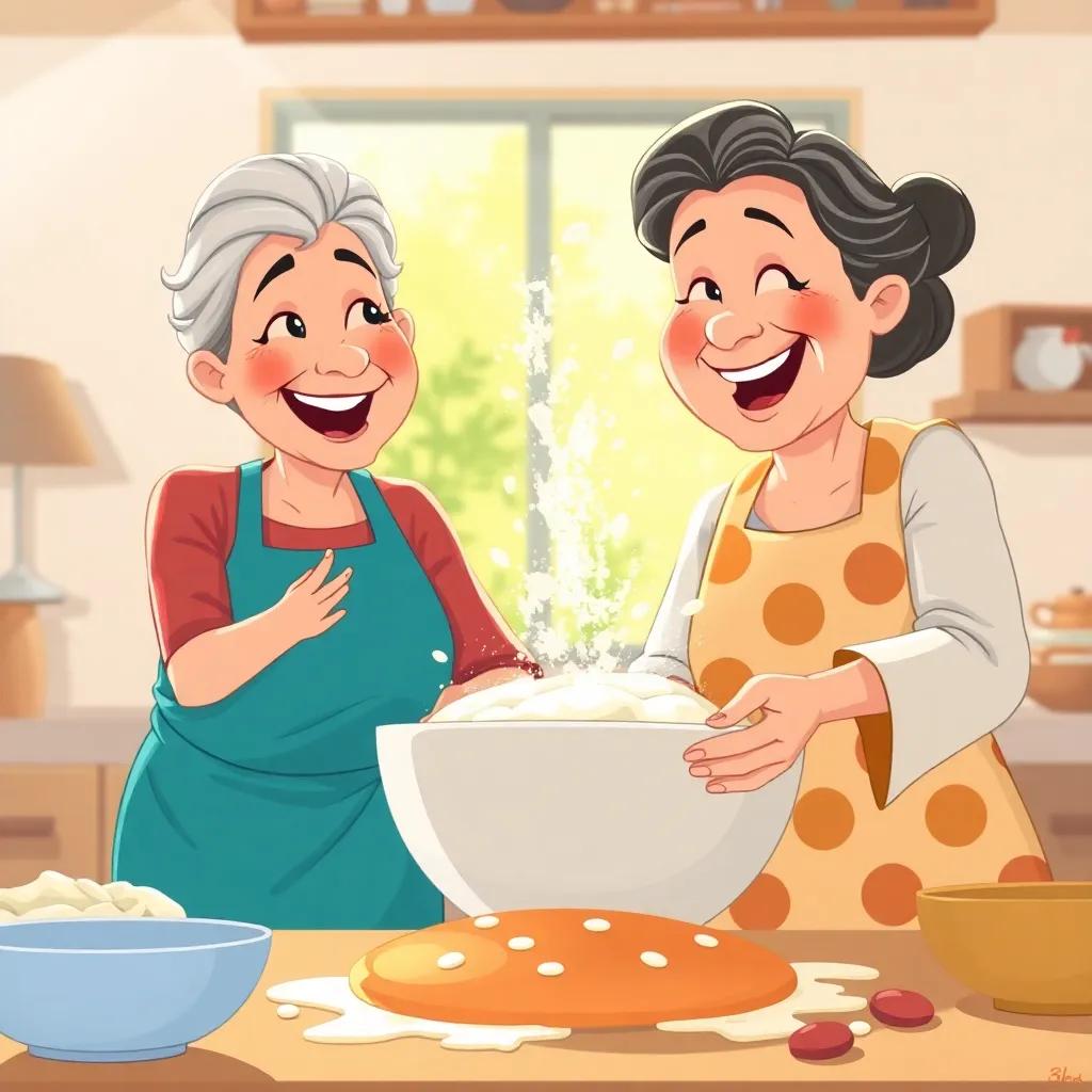 A bowl of pizza dough being kneaded by Amal and her grandmother, with flour flying in the air and smiles on their faces, illustration, fun and lively, bright sunlight streaming in, cheerful mood