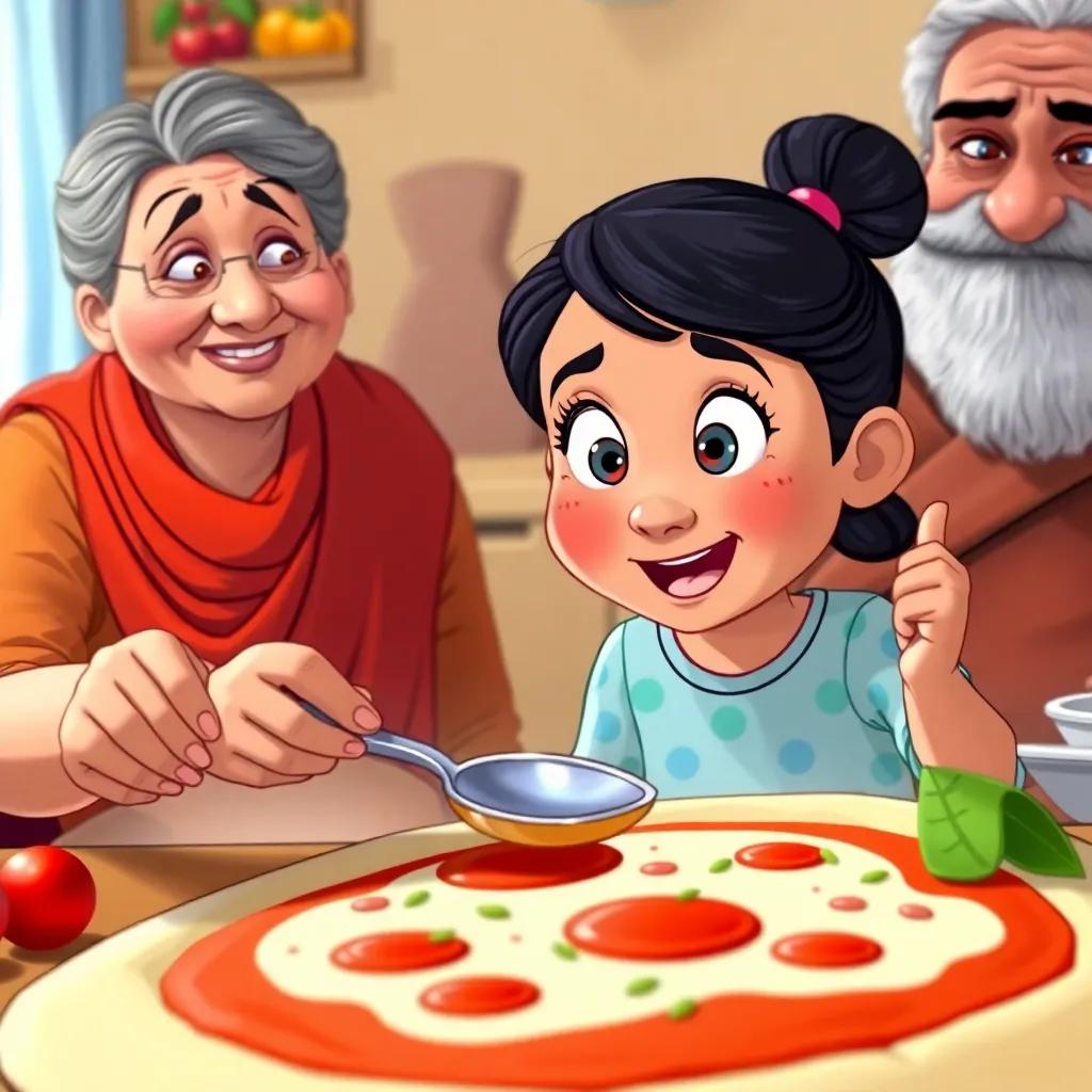 A close-up of Amal spreading tomato sauce on the pizza dough with a big spoon, looking excited while her grandmother watches her with pride, illustration, colorful, happy environment, engaging