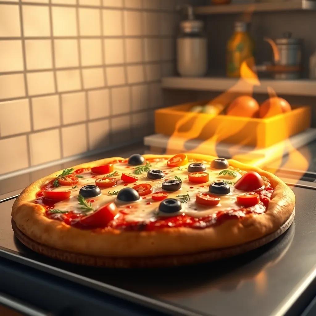 A richly adorned pizza with melted cheese, colorful peppers, and olives, being prepared in the kitchen, with warm light illuminating the scene, appetizing and inviting, illustration