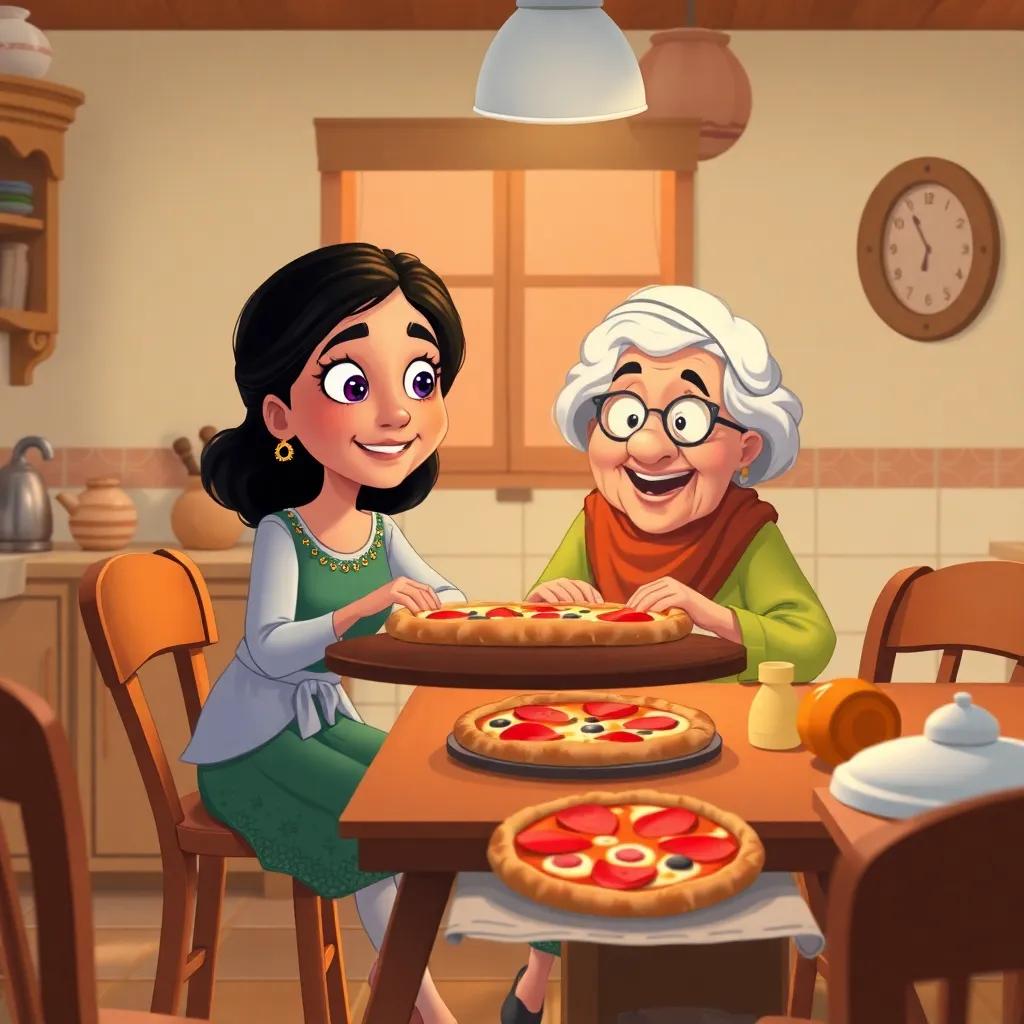 A cozy kitchen scene with Amal and her grandmother sitting at the table, waiting for the pizza to bake, excited expressions on their faces, illustration, warm and inviting, homey feel, detailed artwork